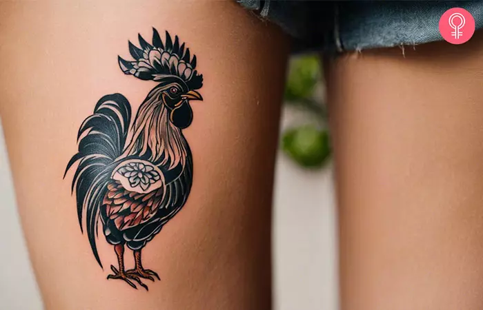 Mexican rooster tattoo on the thigh