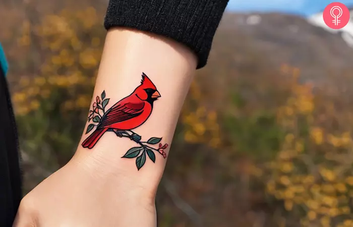 woman with Mini Small Cardinal Tattoo on her wrist