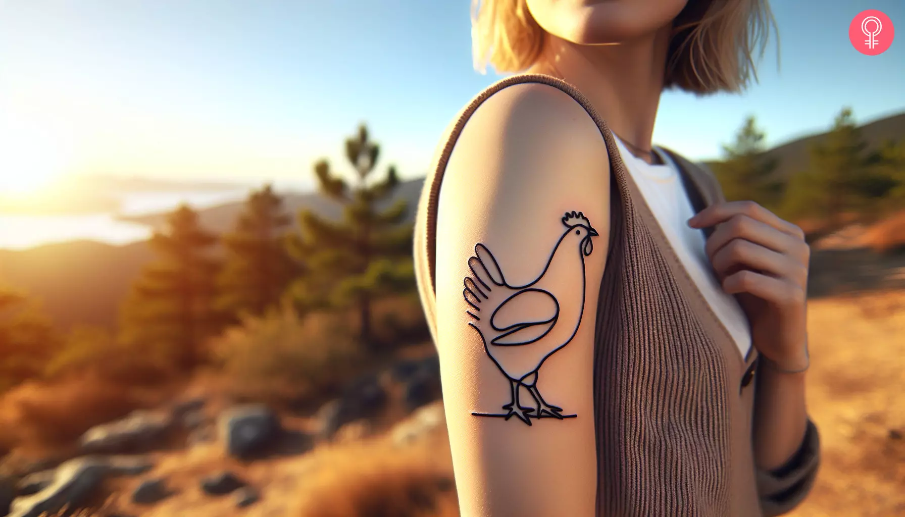 Minimalist chicken tattoo on the upper arm