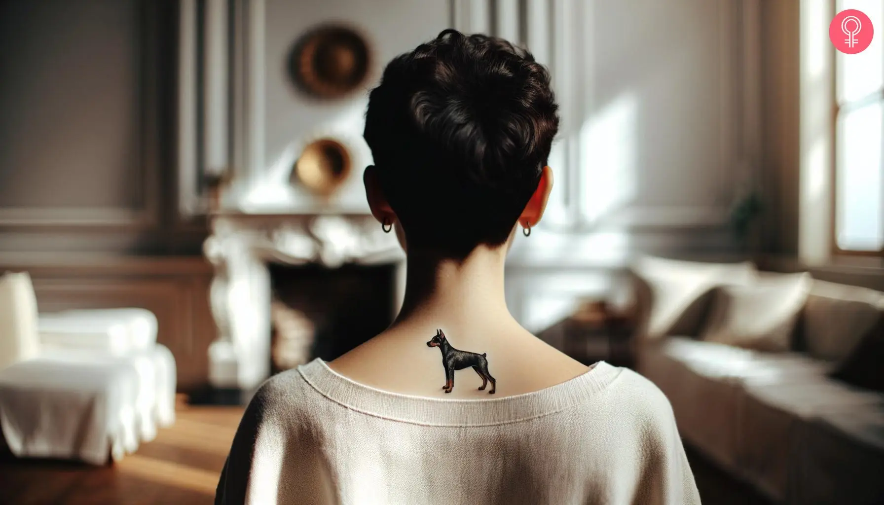 A tiny yet realistic Doberman tattoo on a woman’s upper back