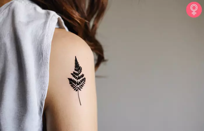 A simple and minimalist fern tattoo on the upper arm of a woman