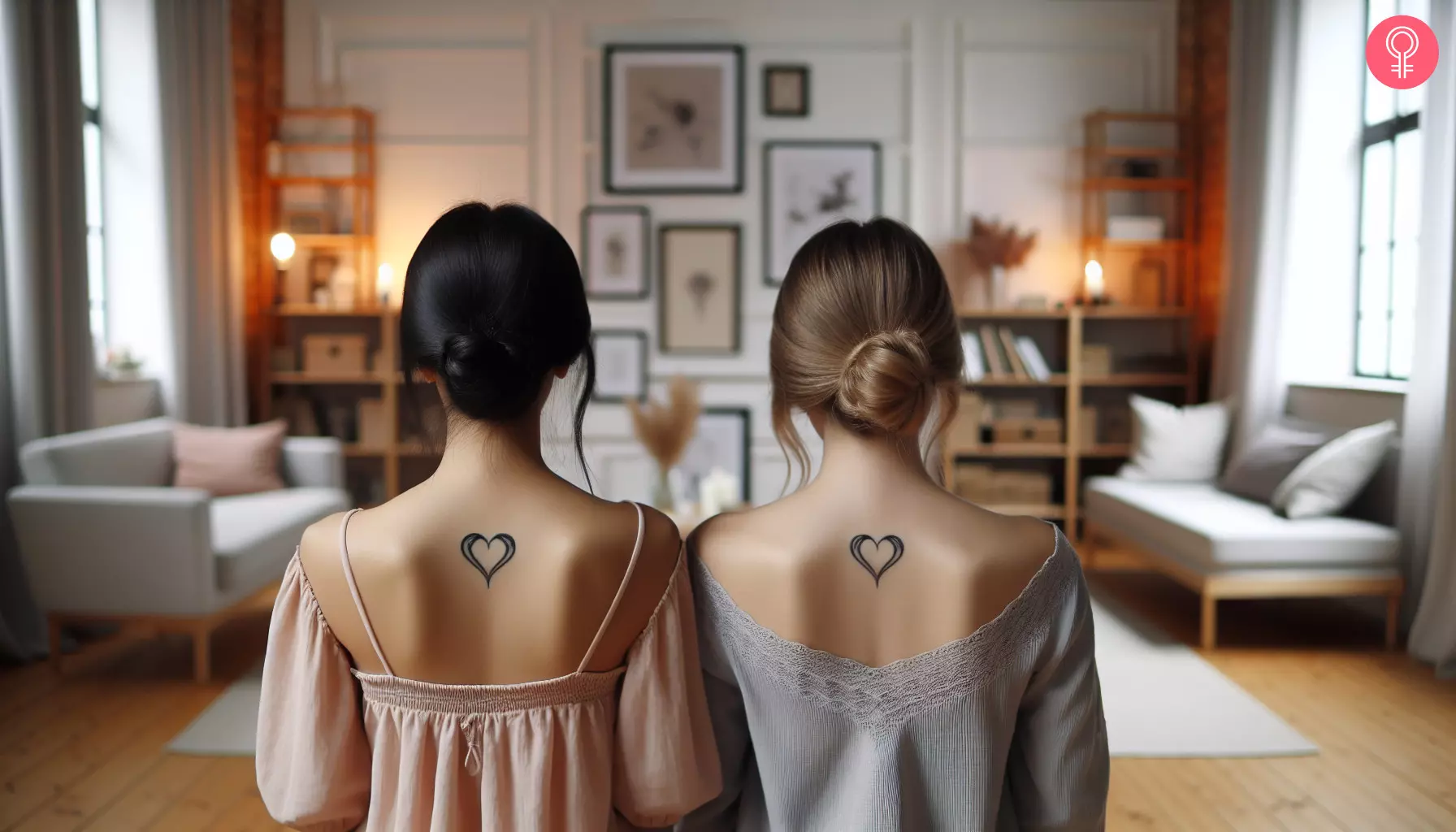 Minimalist heart tattoos on the backs of two sisters