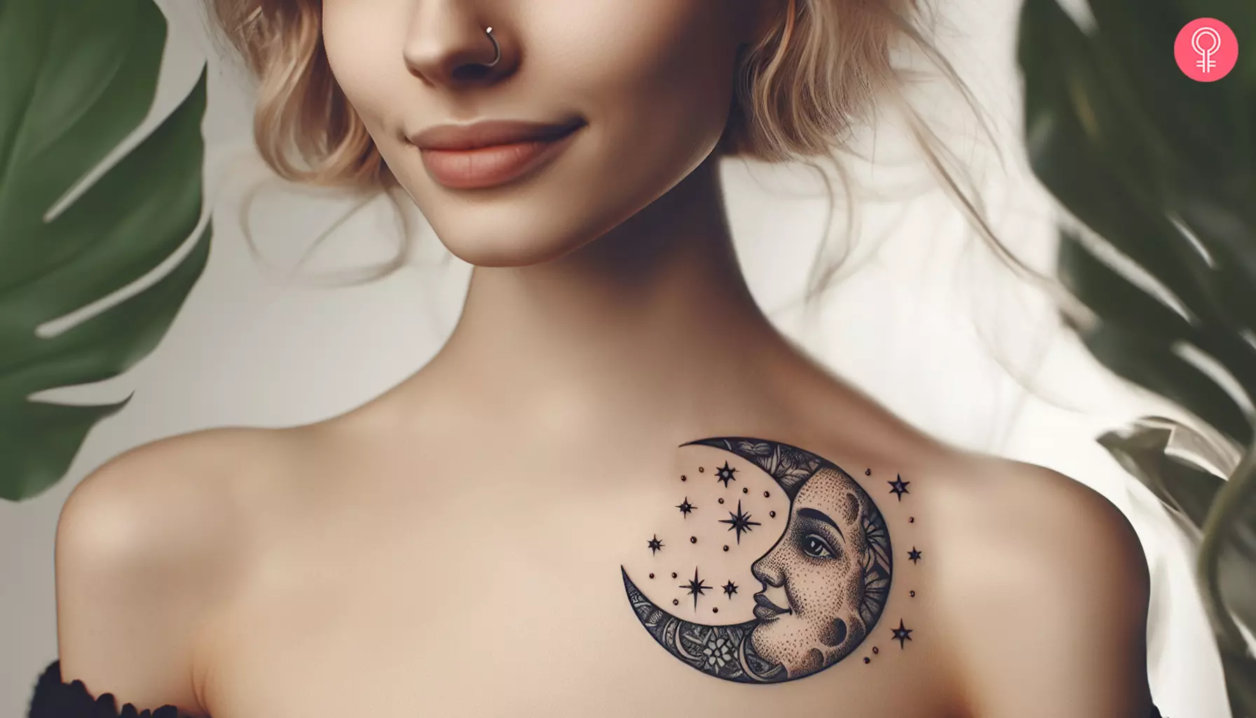 A tattoo of the moon and stars on the collarbone