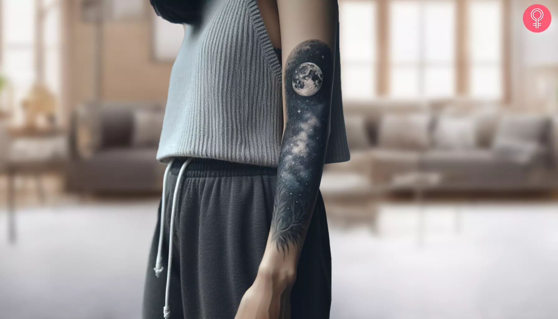A tattoo of the moon and stars etched on the sleeve
