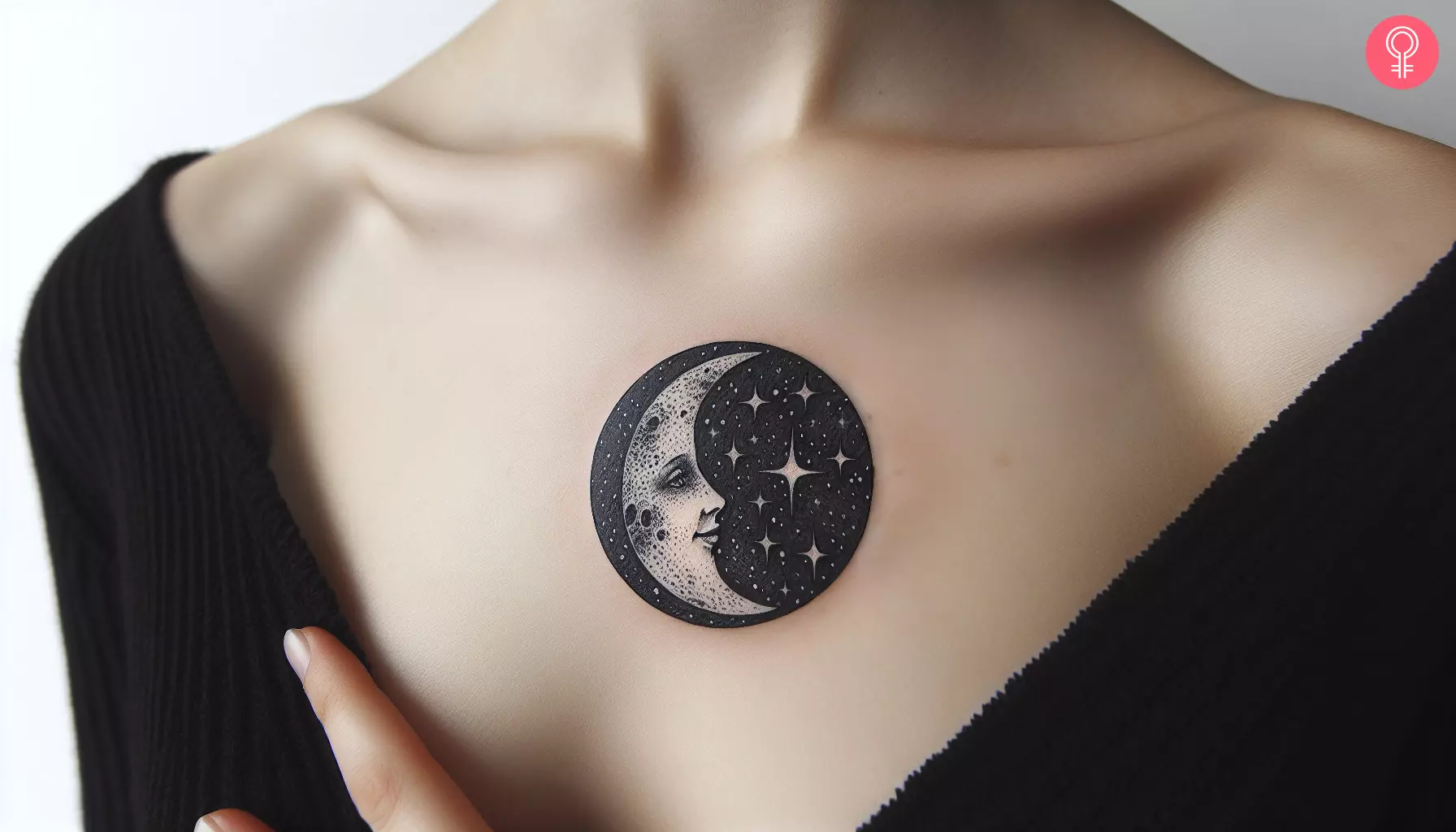 A tattoo on the sternum showing the moon and stars