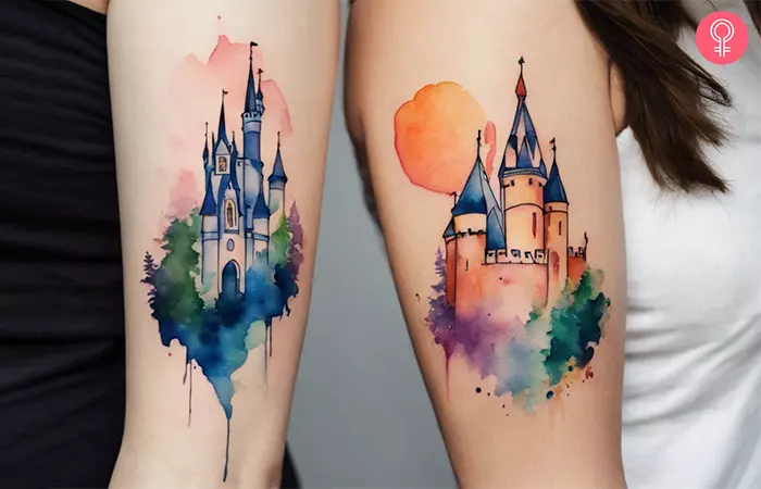 Mother-daughter Disney tattoos on the upper arm
