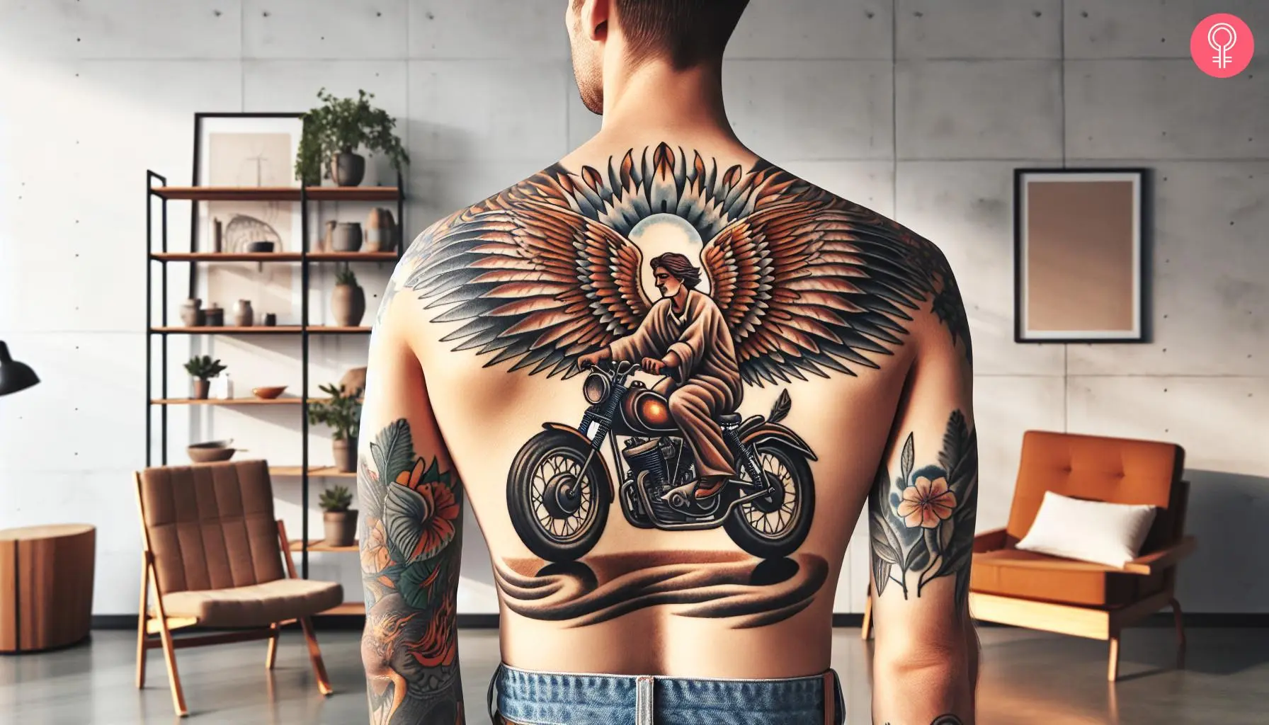 A motorcycle angel tattoo on a man’s back