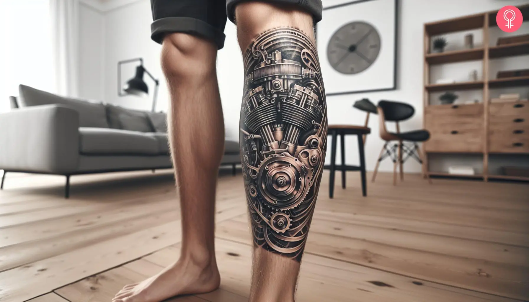 A motorcycle engine tattoo on the shin of a man