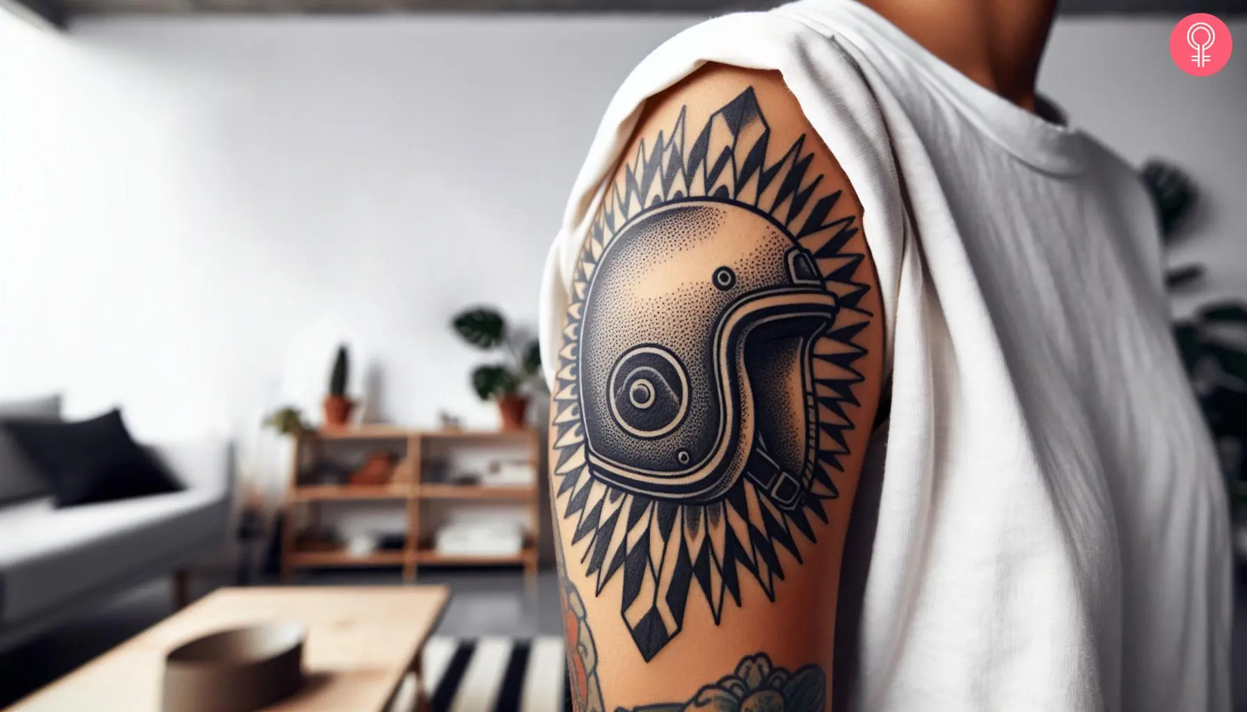 A motorcycle helmet tattoo on a man’s upper arm