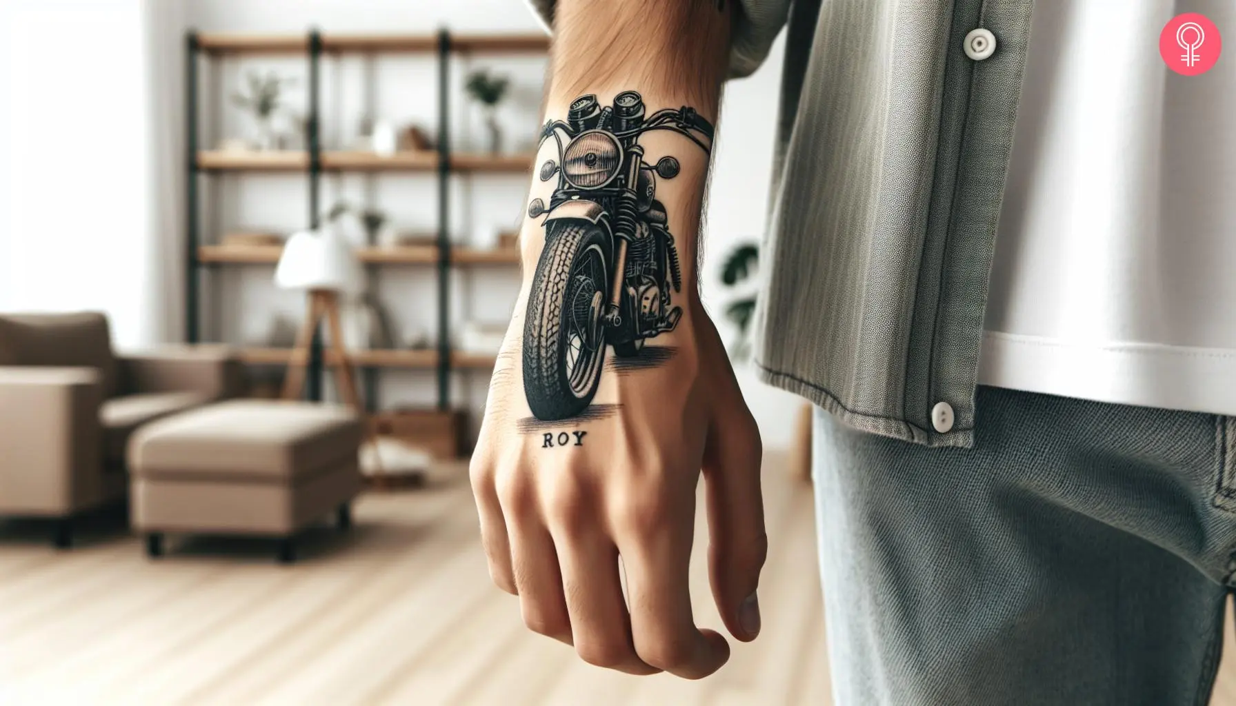 A motorcycle memorial tattoo on the back of a man’s hand