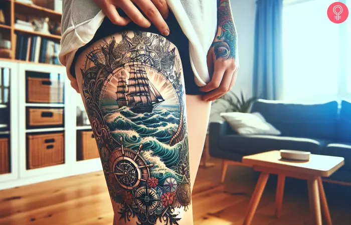 A woman showing a nautical ship tattoo on her thigh