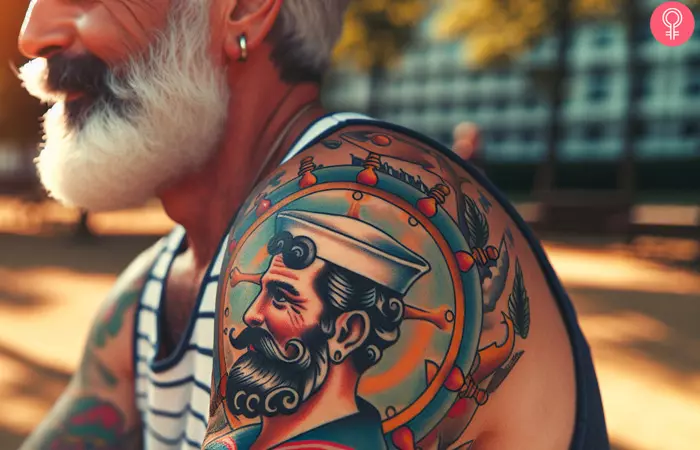 A man showing a nautical old sailor tattoo on his wrist