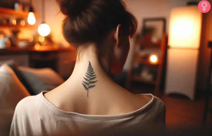 A fern tattoo on the neck of a woman