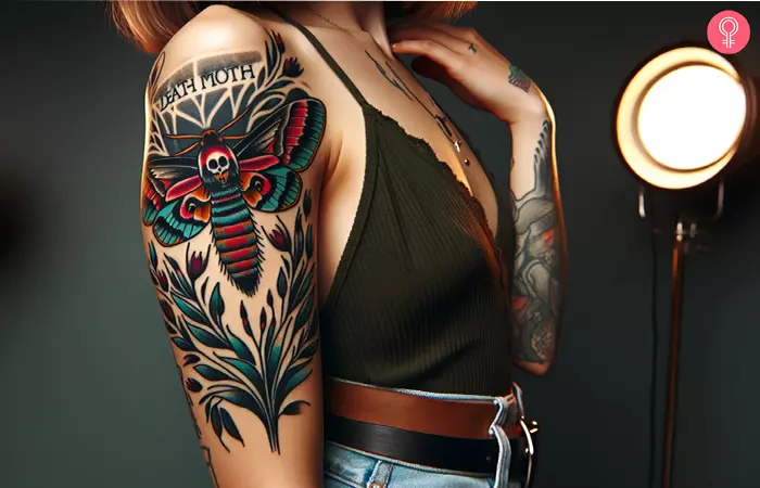 A woman with a neo-traditional style death moth tattoo on her upper arm