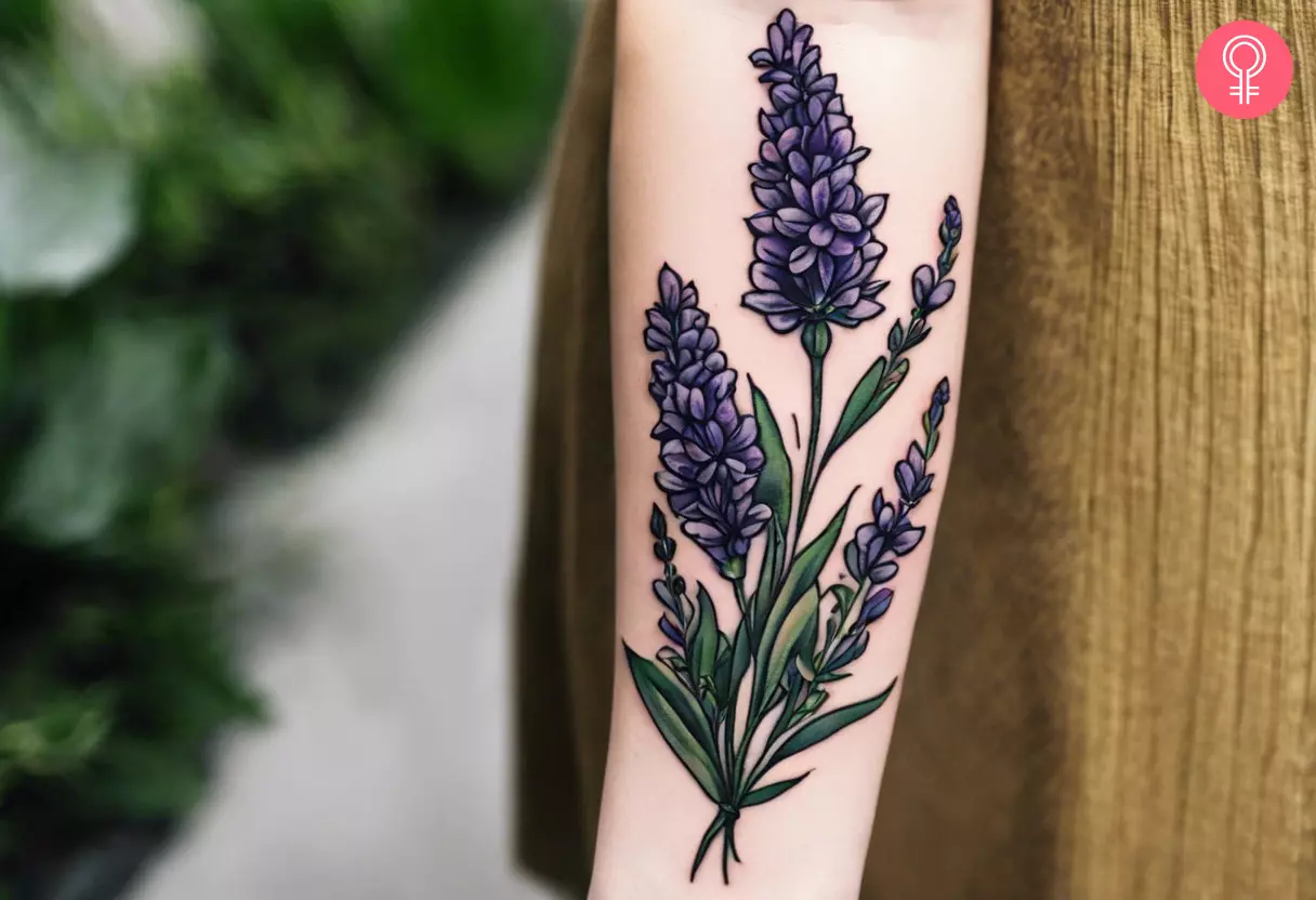 Neo traditional lavender tattoo on the arm