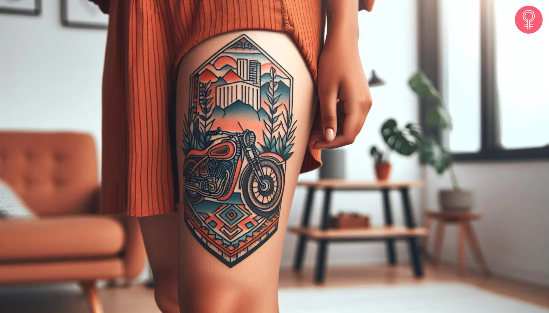 A neo-traditional motorcycle tattoo on the thigh of a woman