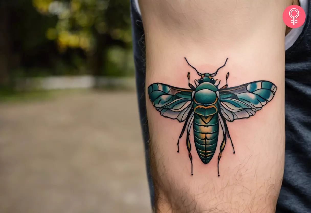 Neo-traditional cicada tattoo on the upper arm of a man