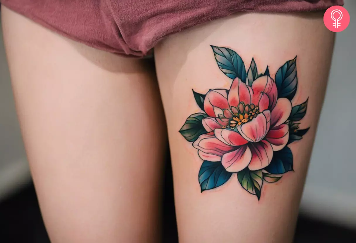 New school floral tattoo on the thigh