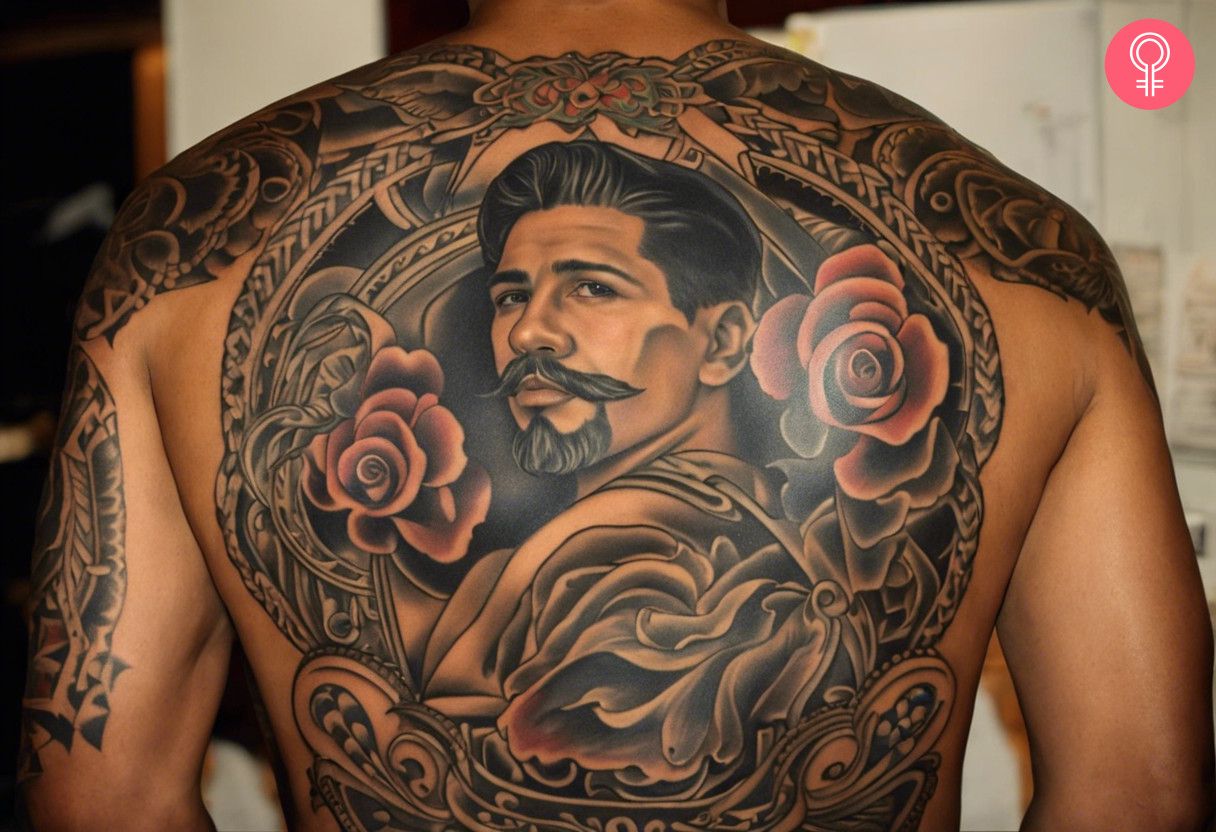 An old-school Chicano tattoo on the back of a man