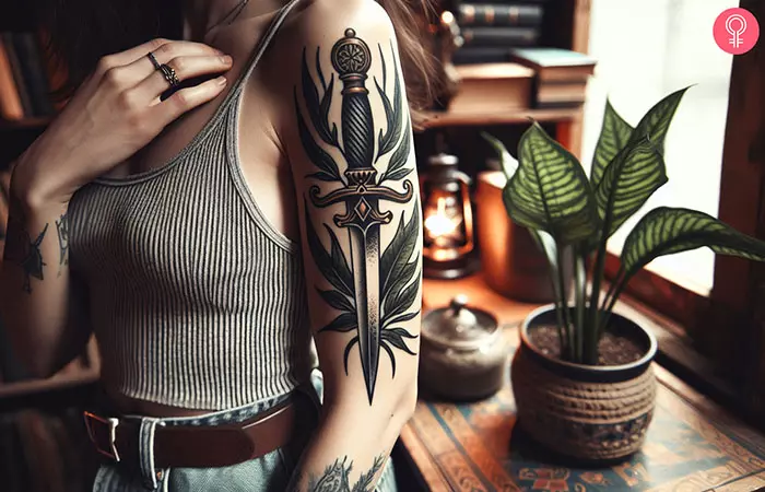 A woman with an old-school dagger tattoo on her upper arm