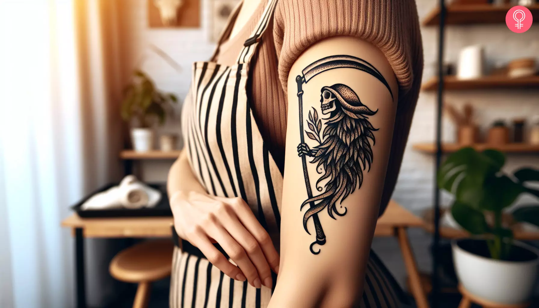 A tattoo of a Grim Reaper holding a scythe on the upper arm