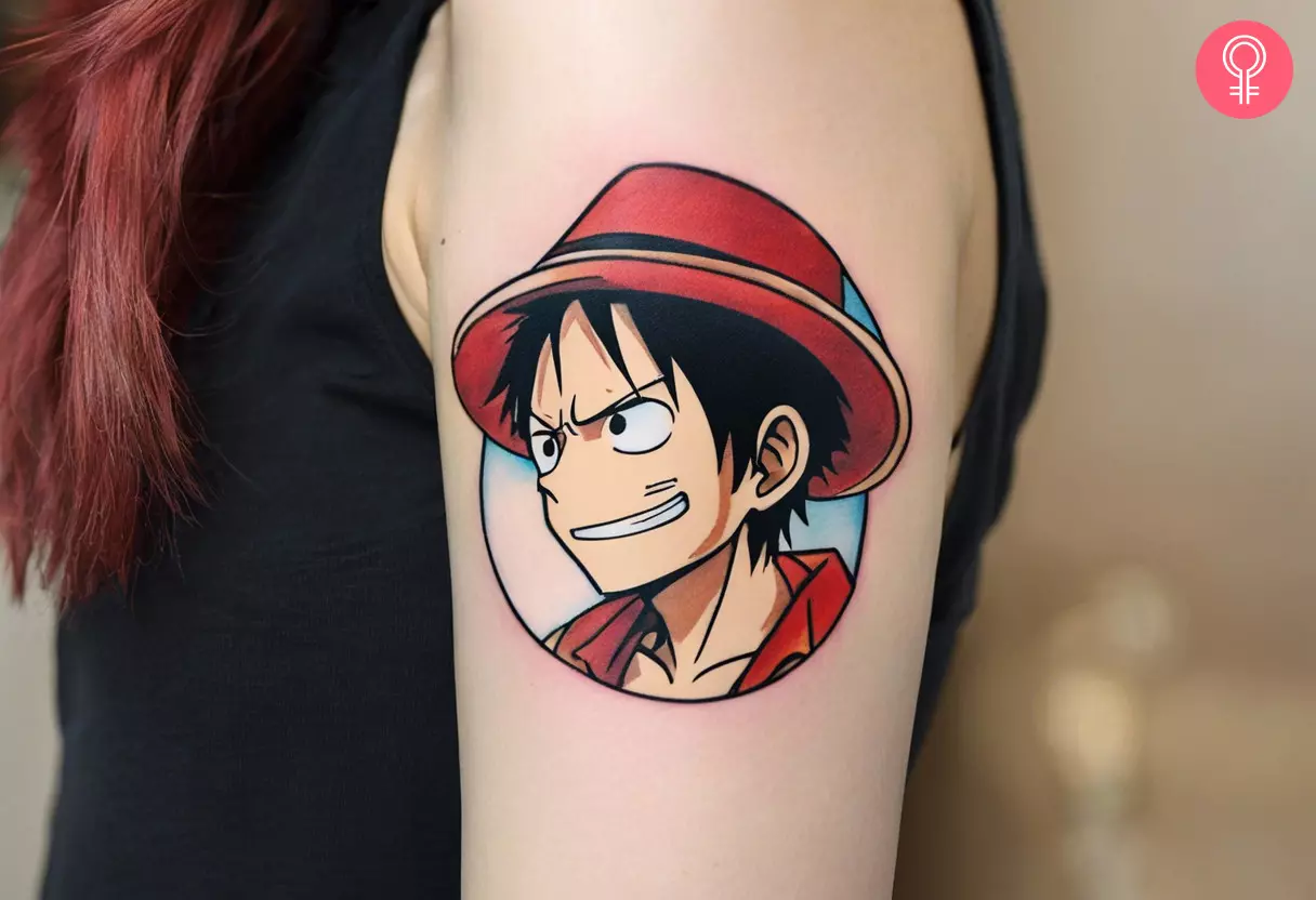 One Piece cartoon-inspired tattoo on a woman’s arm