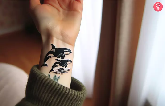 An orca pod tattoo on the wrist