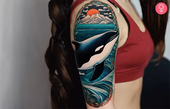 An upper arm orca sleeve tattoo
