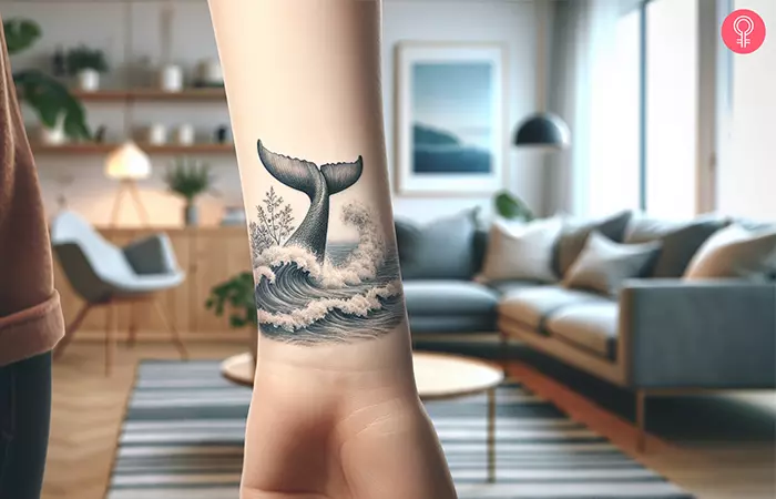 An orca tail tattoo above the wrist