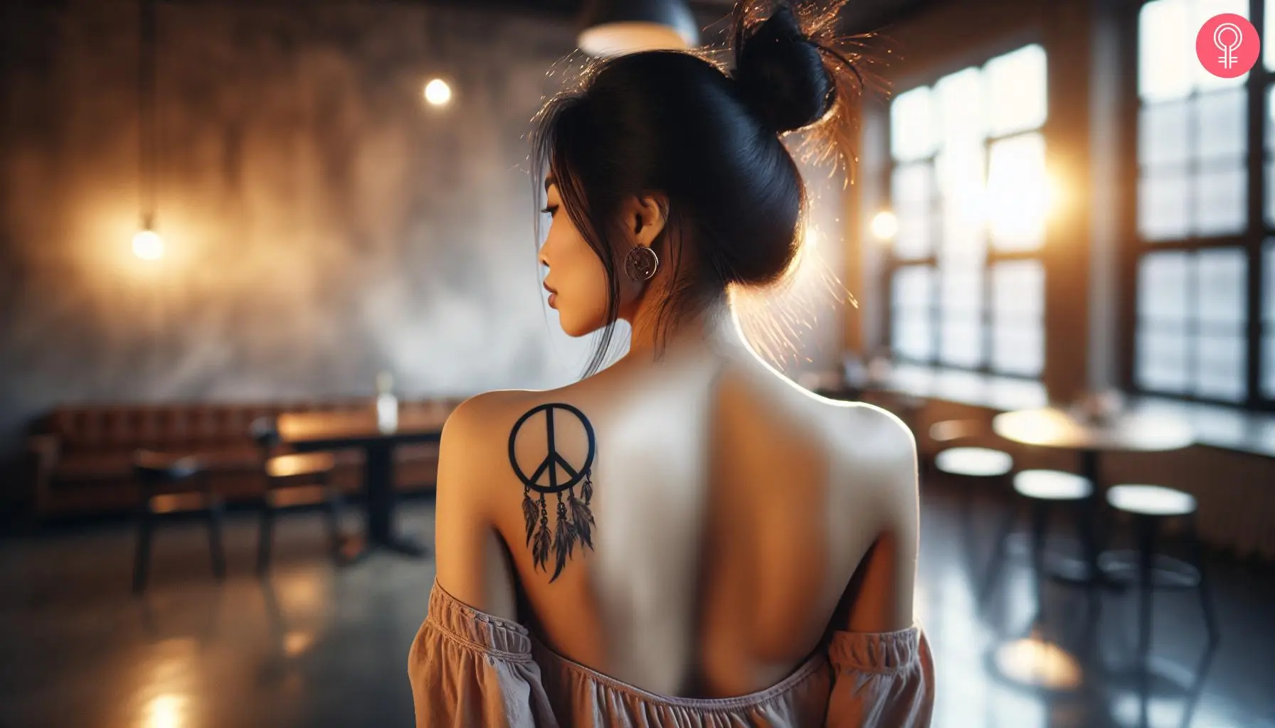 A delicate dreamcatcher tattoo featuring a bold peace sign on a woman’s upper back