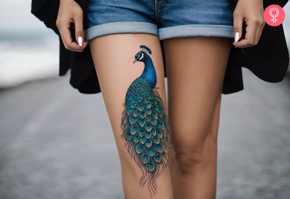 Peacock tattoo on the leg