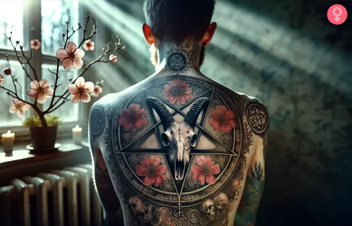 A pentagon, goat skull, and flowers tattoo on the back