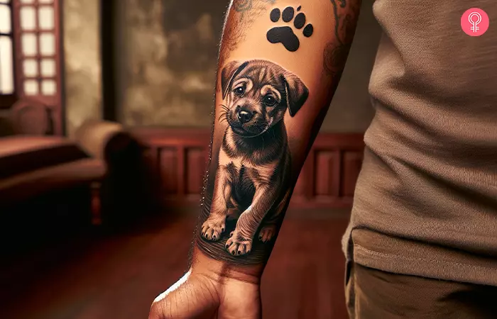 A pet paw print tattoo on the forearm