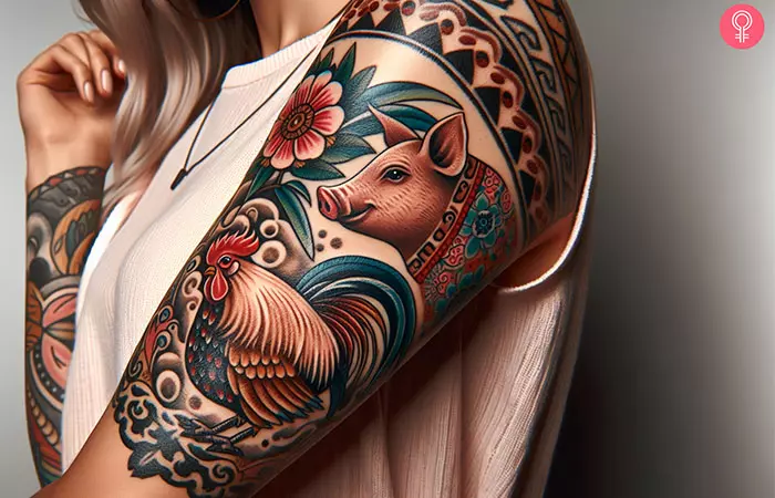 Pig and rooster tattoo on the upper arm