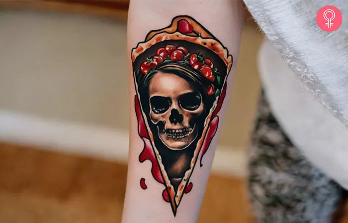 A pizza skull tattoo