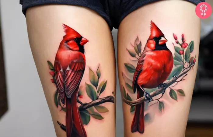 woman with Realistic Cardinal Tattoo on her thigh