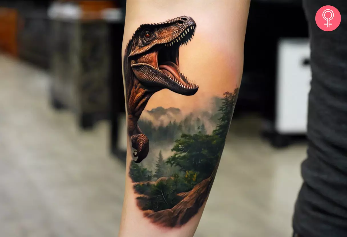 A woman with a realistic dinosaur tattoo on her arm