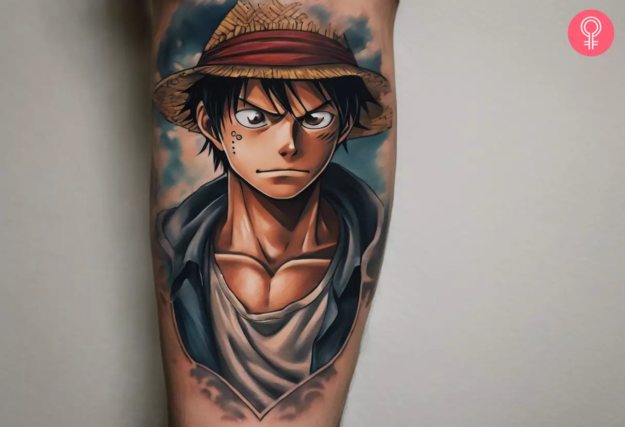 Realistic One Piece Luffy tattoo on a woman’s arm