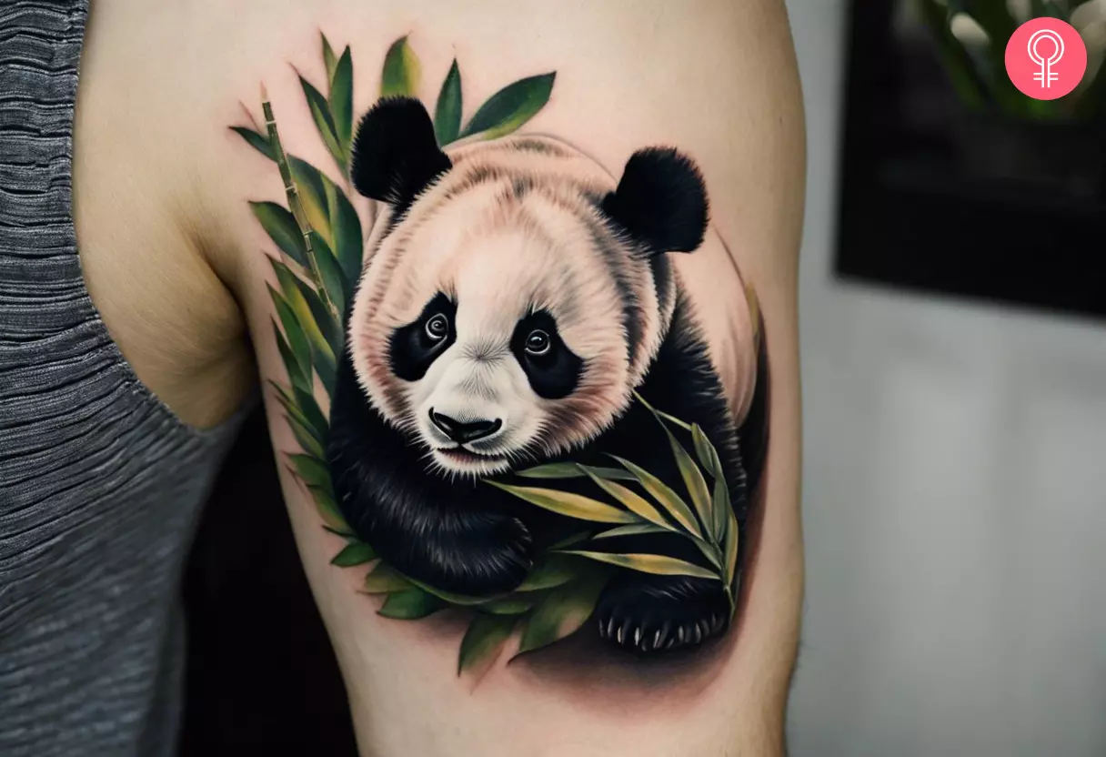 A realistic panda tattoo design on the upper arm