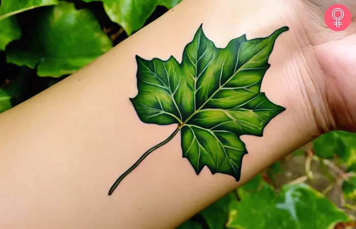 Realistic ivy leaf tattoo on the wrist