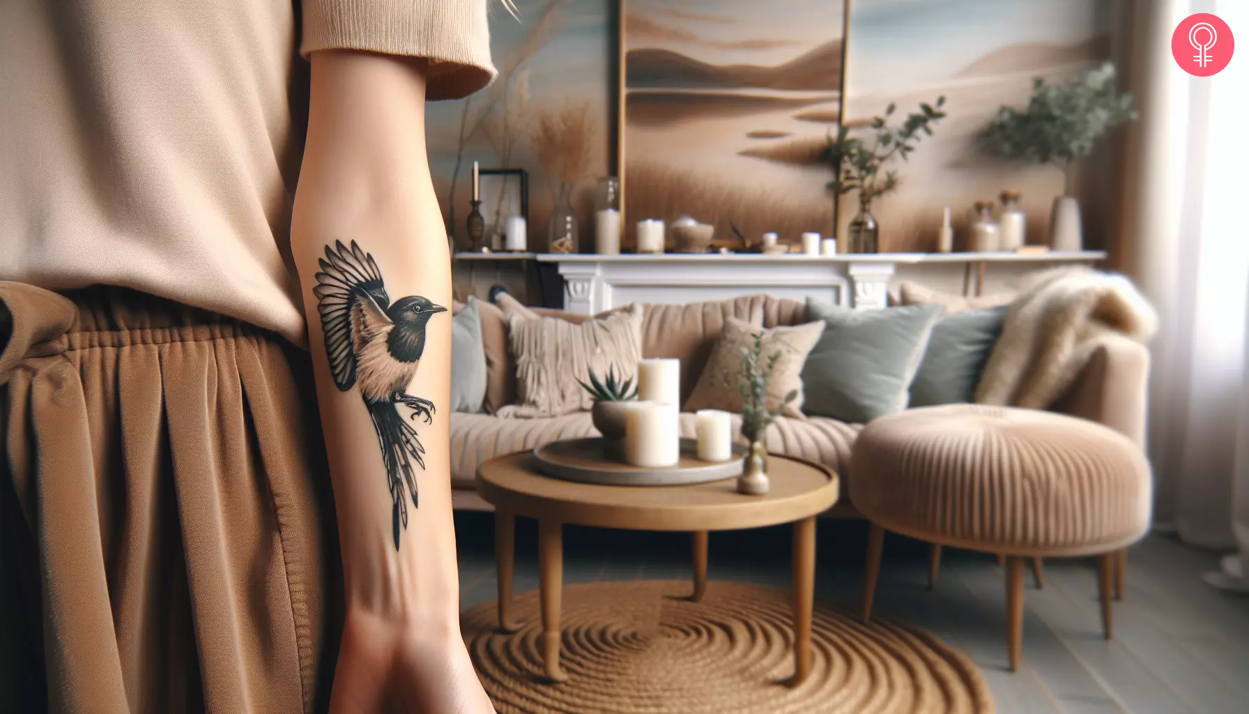 Realistic magpie tattoo on the forearm