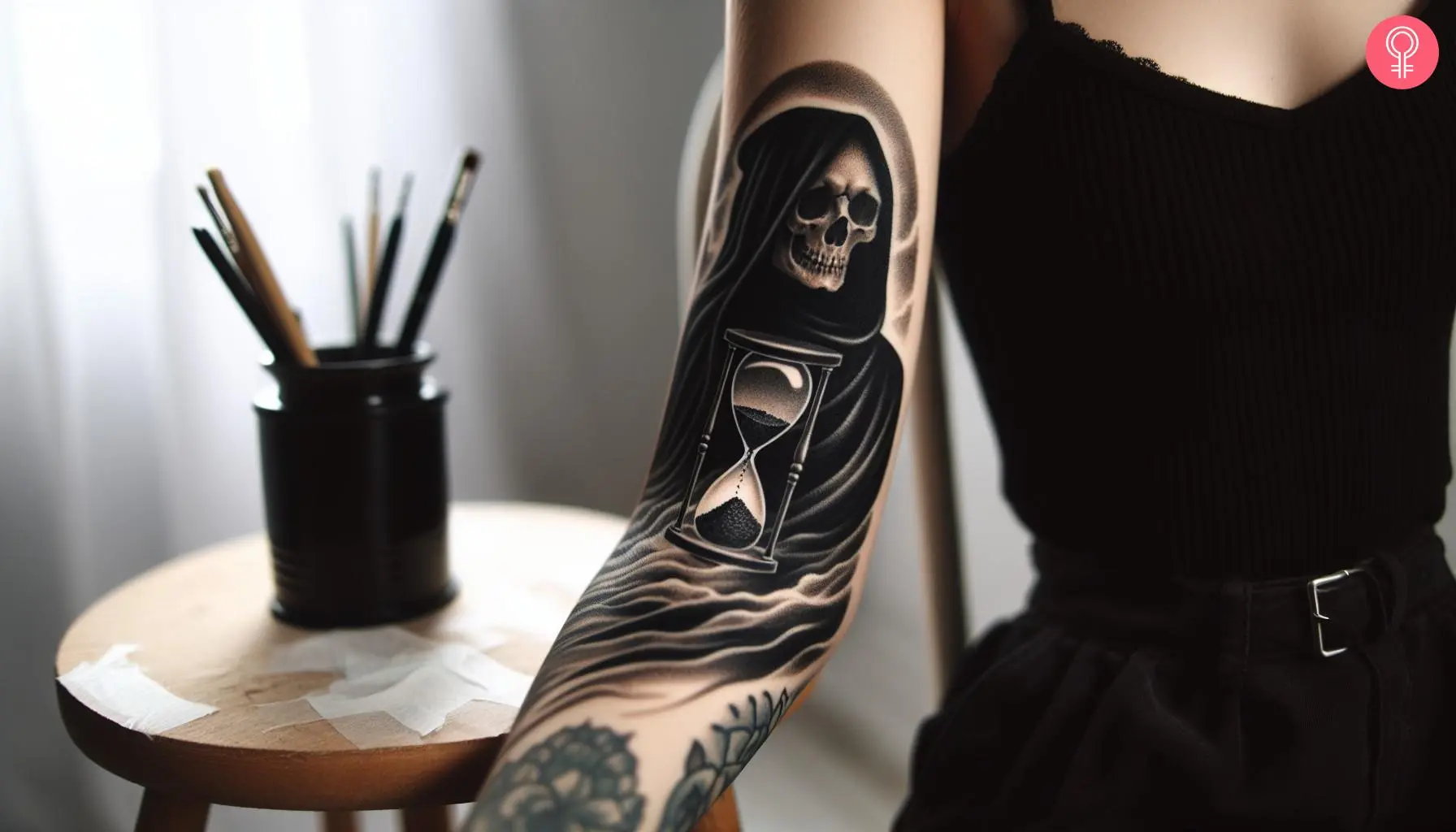 Reaper and hourglass tattoo on the arm