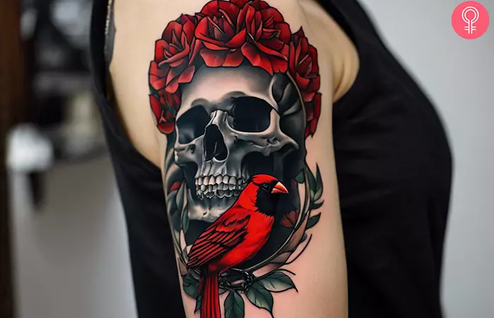 woman with Red Cardinal Tattoo on her upper arm