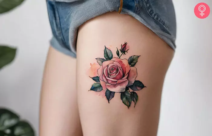 rose tattoo on side thigh