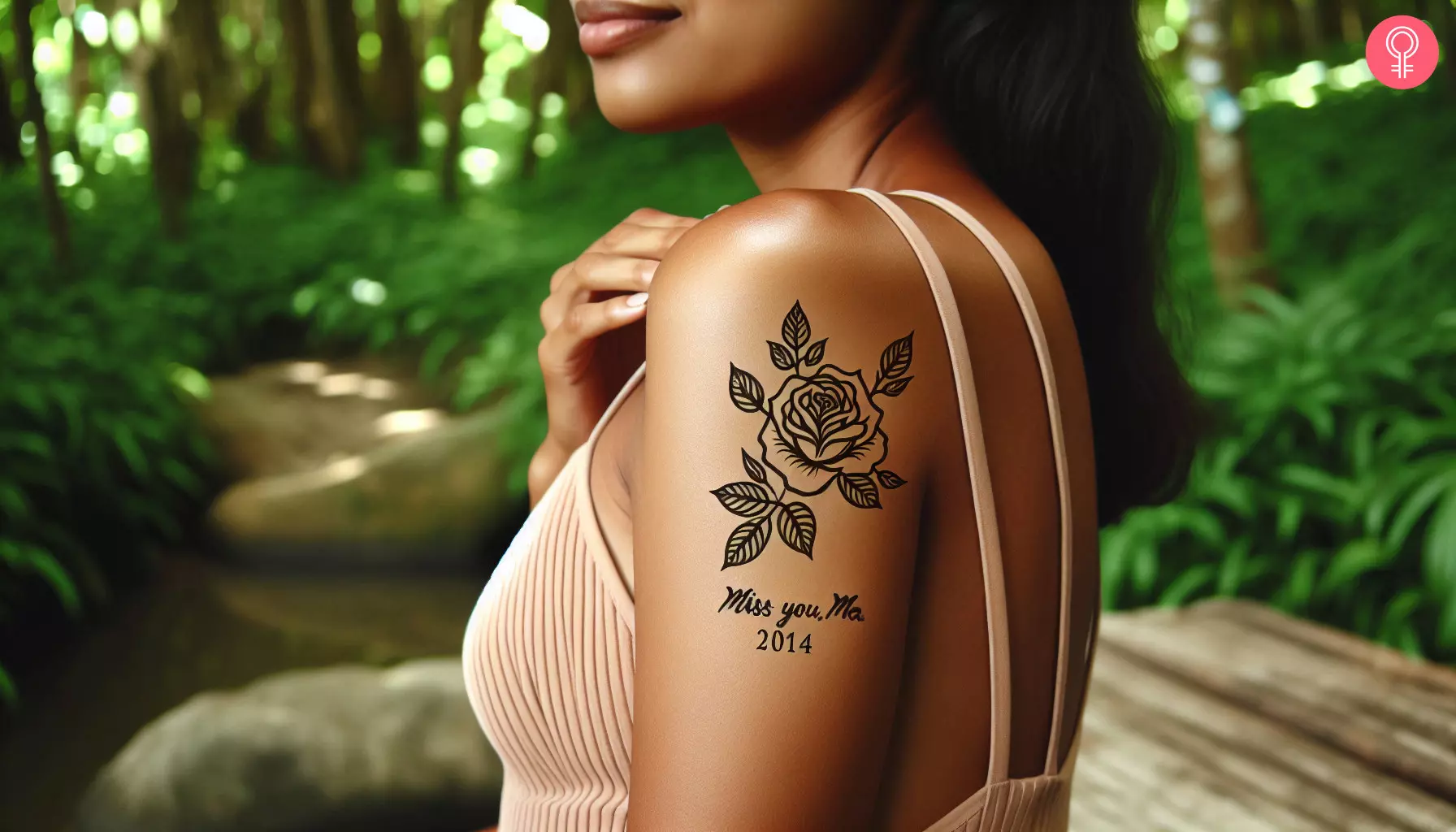 Rose memorial tattoo for mom on a woman’s upper arm