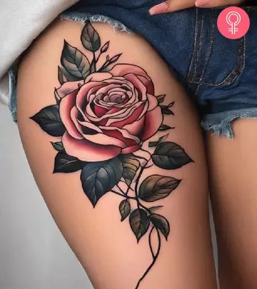 A neotraditional flower tattoo on the side thigh