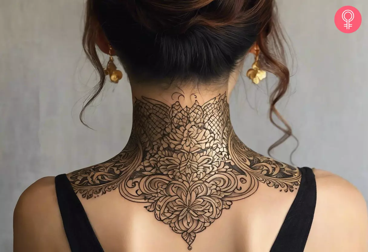 A woman with a royal filigree tattoo on the back of the neck