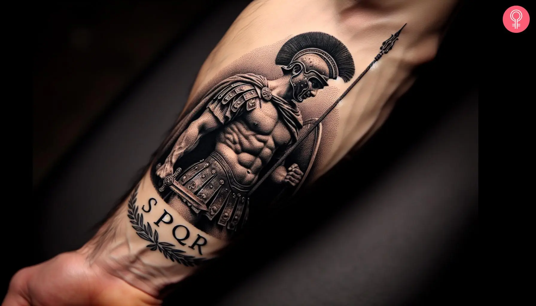 A man with a SPQR gladiator tattoo on the forearm