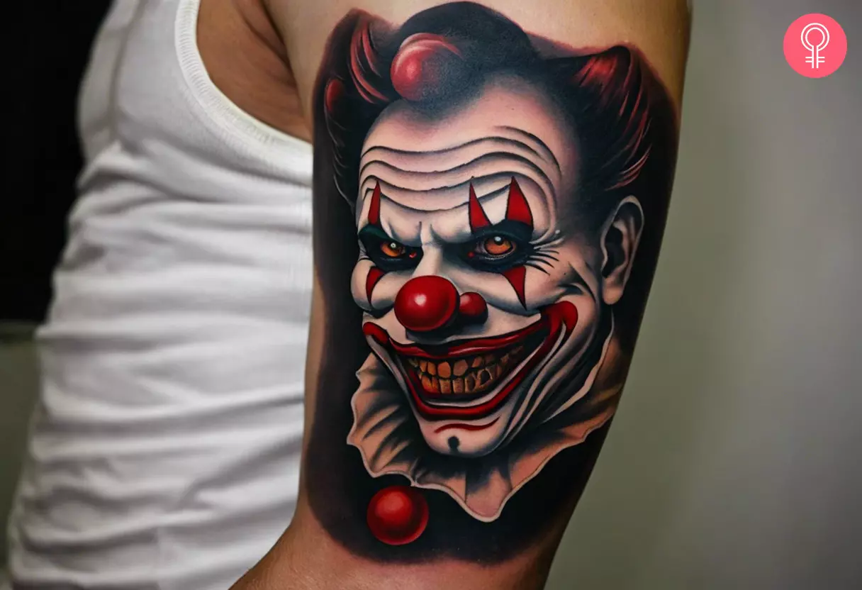 Scary clown tattoo on the upper arm
