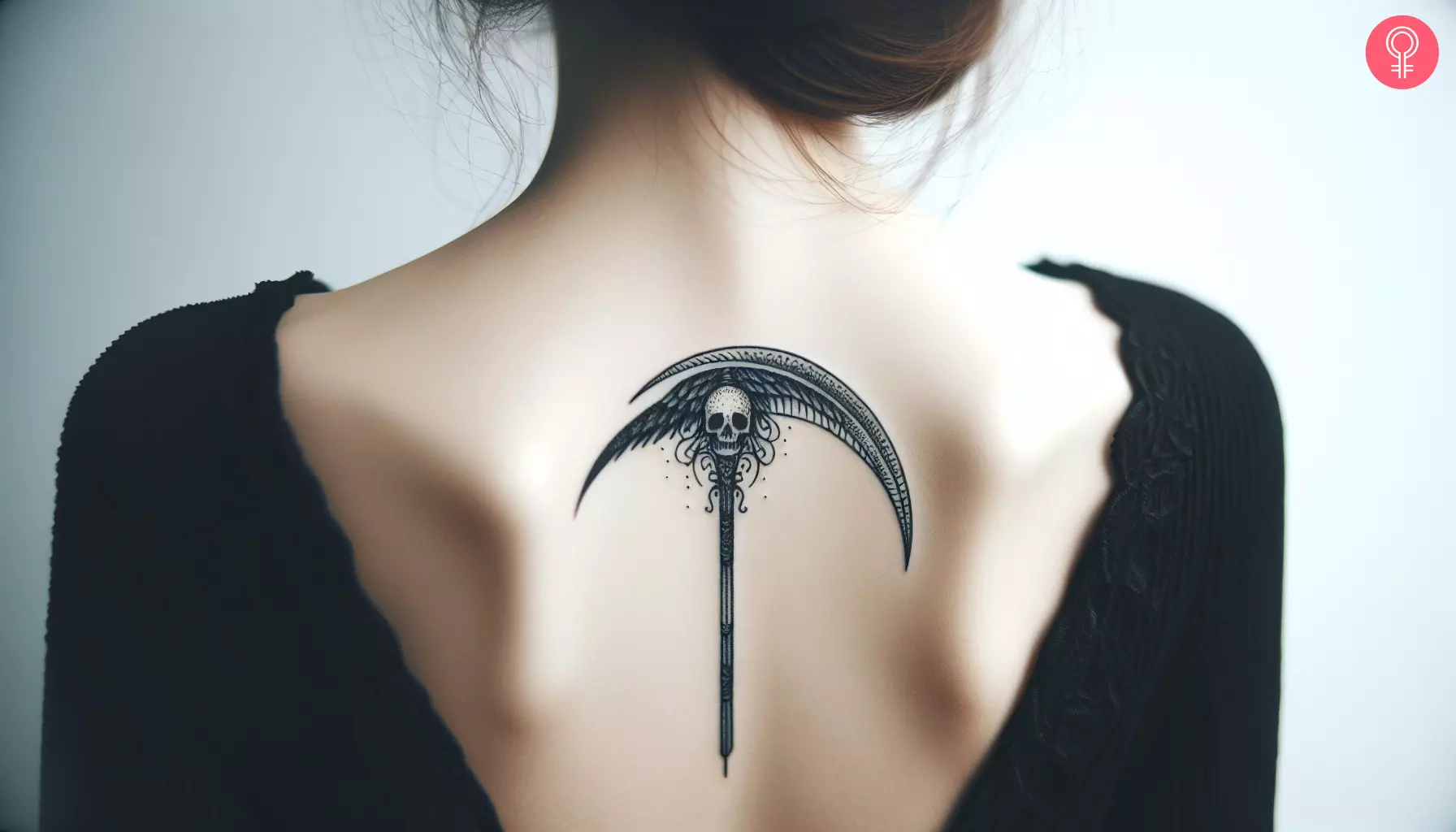 An artistic image of a scythe tattoo with a skull on the back